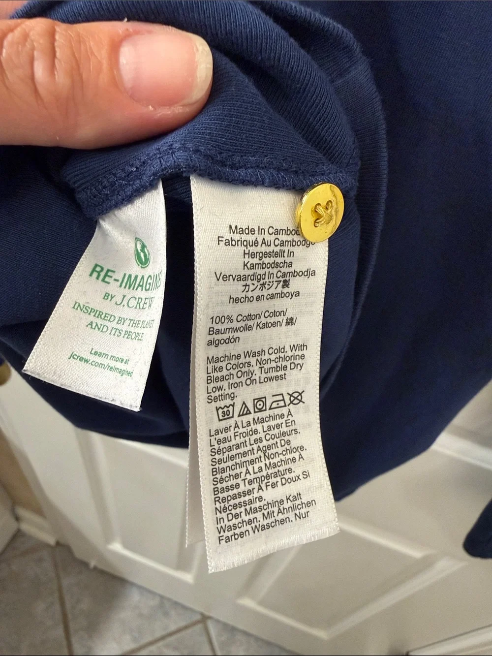 J. Crew Navy Mock Neck Shirt with Gold Button Detail